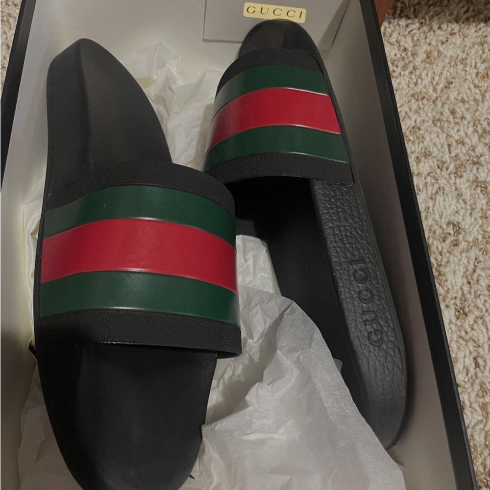 Gucci Black Slides with Red and Green Accents size 11
